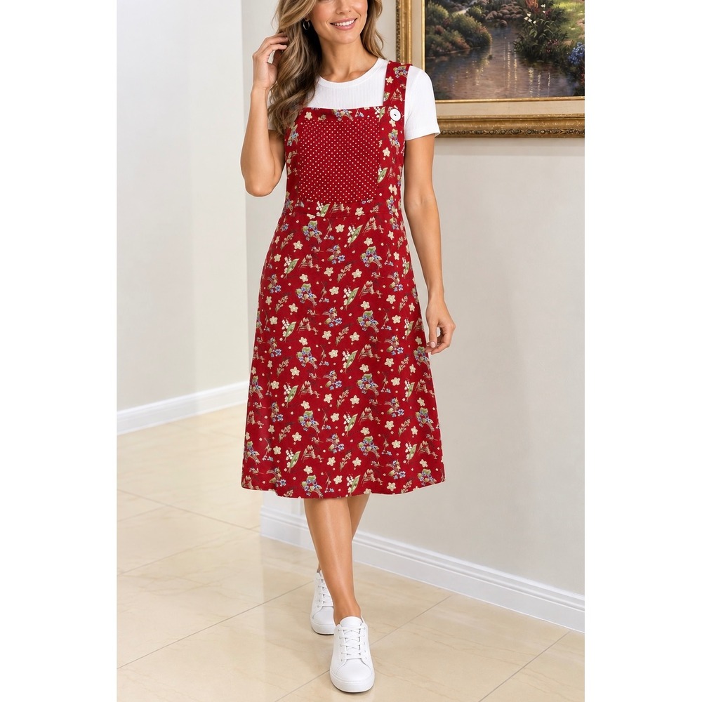 Vintage Jenny Helene Red Floral Polka Dot Pinafore Dress Rayon Large Excellent